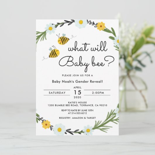 Wat Zal Baby Bee Geslacht Reveal Baby Shower Kaart (Staand voorkant)