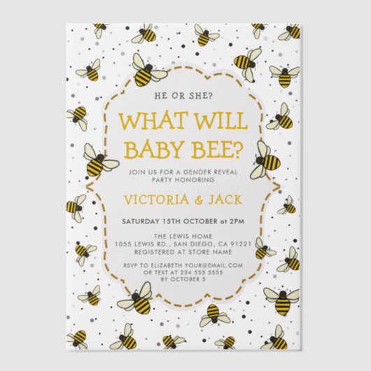 Wat zal Baby Bee, Schattige Bee Pattern Geslacht o Vellum Uitnodigingen (Voorkant)