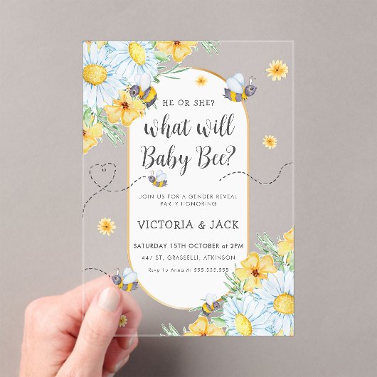 Wat zal Baby Bee White Flowers geslacht onthullen Acryl Uitnodigingen (Insitu (Draagbaar))