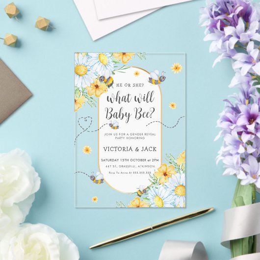 Wat zal Baby Bee White Flowers geslacht onthullen Acryl Uitnodigingen (Insitu (Huwelijk))
