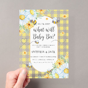 Wat zal Baby Bee Yellow Gingham Gender onthullen? Acryl Uitnodigingen