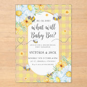 Wat zal Baby Bee Yellow Gingham Gender onthullen? Acryl Uitnodigingen (Voorkant)