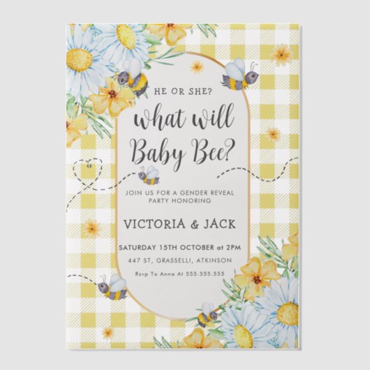 Wat zal Baby Bee Yellow Gingham Gender onthullen? Vellum Uitnodigingen (Voorkant)