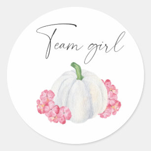 Wat zal baby zijn team meisje pompoen ronde sticker
