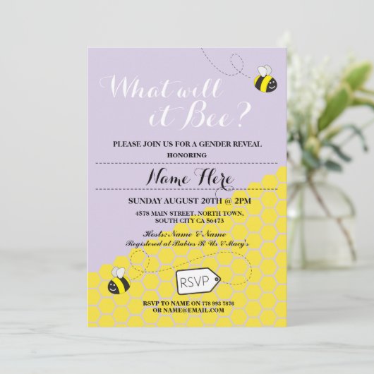 Wat zal het worden? Paarse partij bij het Baby sho Kaart (Staand voorkant)