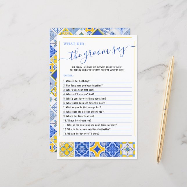 Wat zei de bruidegom Blue Tegels Vrijgezellenfeest (Voorkant / Achterkant in situ)