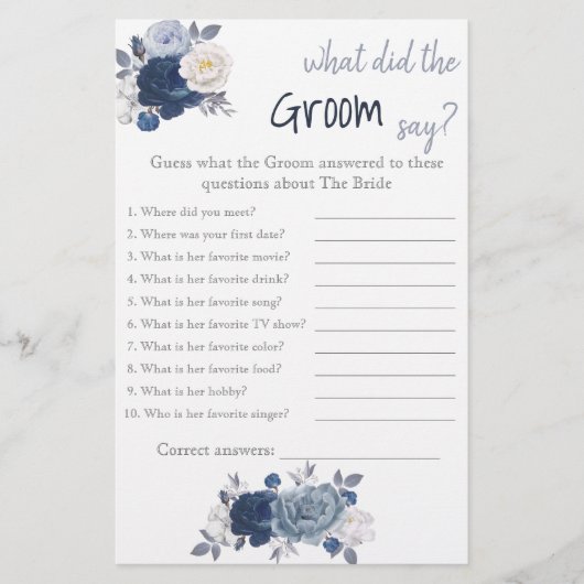 Wat zei de Groom? Blue Flower Shower-game Flyer (Voorkant)