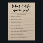 Wat zei de Groom over Vrijgezellenfeest? Programmakaart<br><div class="desc">Dit spel is de perfecte manier om je gasten te laten vermaken op een vrijgezellenfeest of een andere bruiloft. Stel de groeven gewoon de vragen voor het evenement en noteer zijn antwoorden. De gast die het meeste groepenantwoorden aanpast wint!</div>