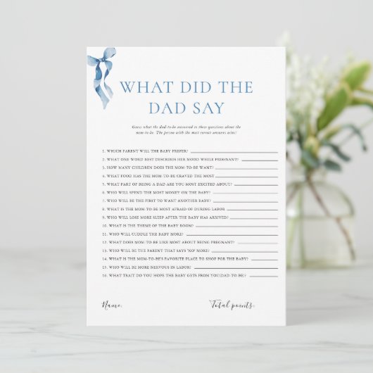 Wat zei de vader Pastel Blue Bow Baby shower Kaart (Staand voorkant)