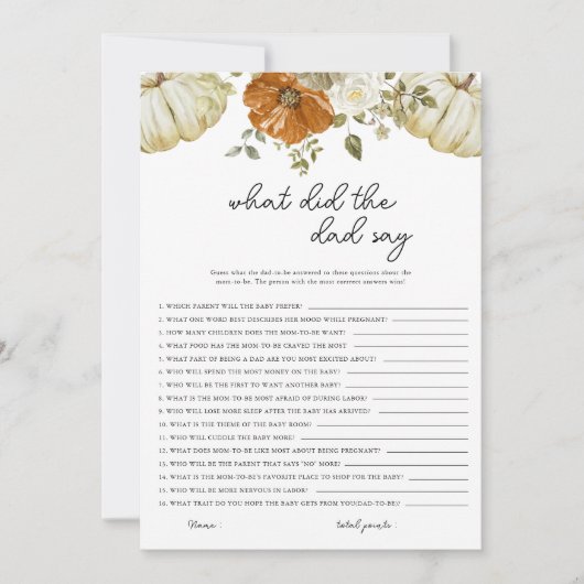 Wat zei de vader Pumpkin Baby shower Game Kaart (Voorkant)