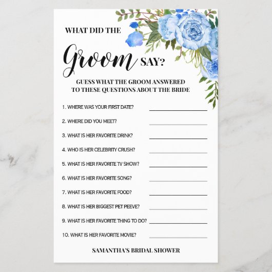 Wat zei Groom Vrijgezellenfeest Blue Game Kaart? Flyer (Voorkant)