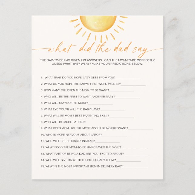Wat zei papa Sunshine Baby Shower Spel (Voorkant)