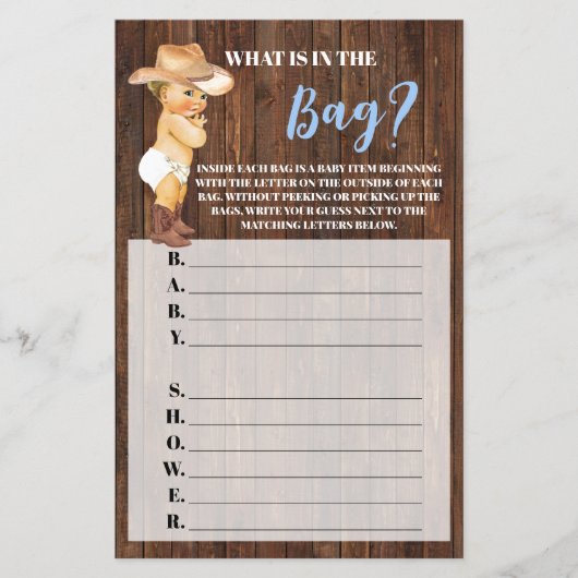 Wat zit er in de Bag Cowboy Baby shower Game kaart (Voorkant)