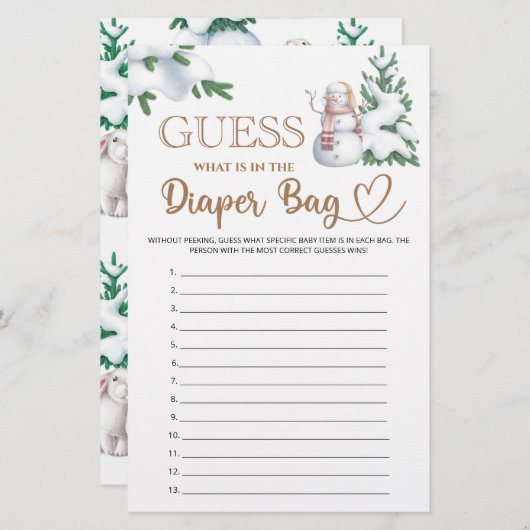 Wat zit er in de luiertas winter baby shower spel. (Voorkant / Achterkant)
