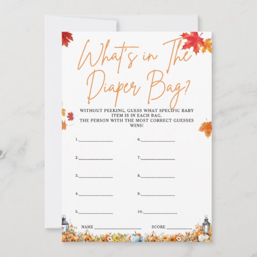 WAT ZIT ER IN DE LUIERZAK Baby shower Spel Pompoen Kaart (Voorkant)