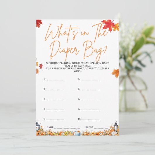 WAT ZIT ER IN DE LUIERZAK Baby shower Spel Pompoen Kaart (Staand voorkant)