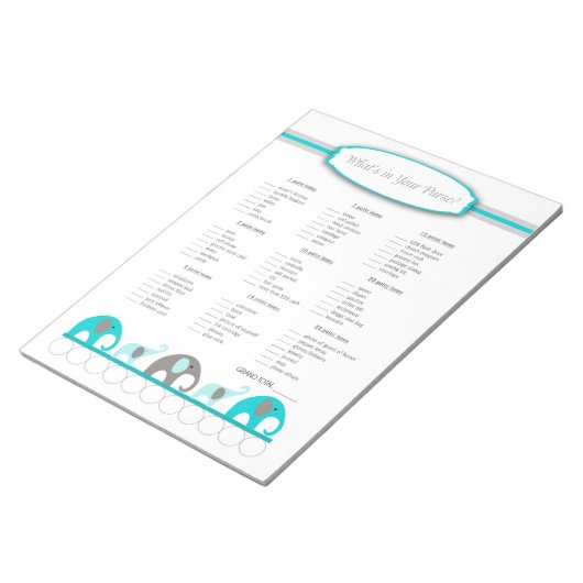 Wat zit er in je handtas Elephant Baby shower Game Notitieblok (Schuin)