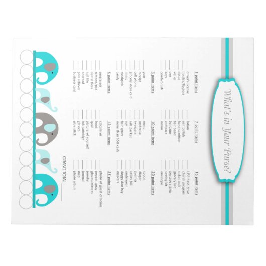 Wat zit er in je handtas Elephant Baby shower Game Notitieblok (Voorkant)