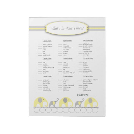 Wat zit er in je handtas Elephant Baby shower Game Notitieblok (Linkerzijde)