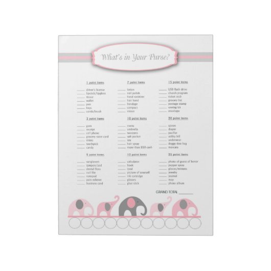 Wat zit er in je handtas Elephant Baby shower Game Notitieblok (Linkerzijde)