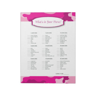 Wat zit er in je handtas roze Camo Baby shower Gam Notitieblok