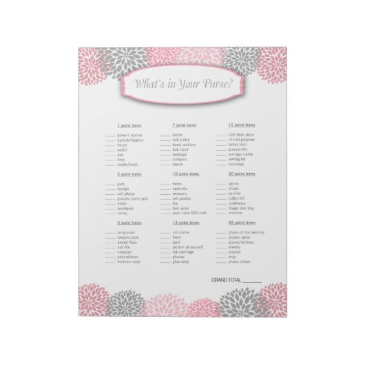 Wat zit er in je handtas? Roze grijs Dahlia Game Notitieblok (Linkerzijde)