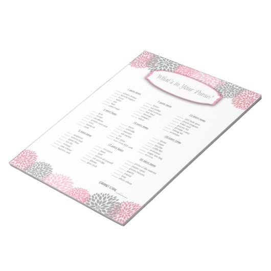 Wat zit er in je handtas? Roze grijs Dahlia Game Notitieblok (Schuin)