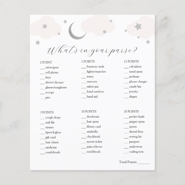 Wat zit er in je Purse Baby shower Game (Voorkant)