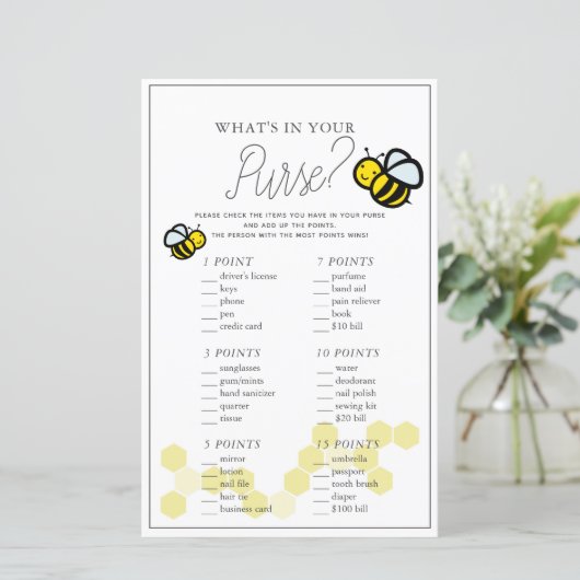 Wat zit er in je Purse Bee White Baby shower Game (Staand voorkant)