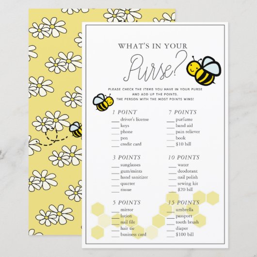 Wat zit er in je Purse Bee White Baby shower Game (Voorkant / Achterkant)