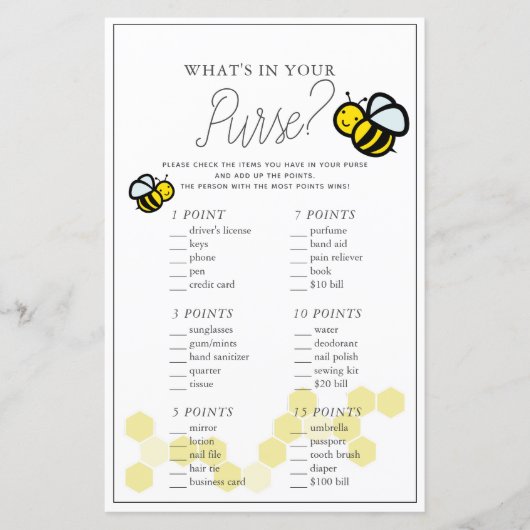Wat zit er in je Purse Bee White Baby shower Game (Voorkant)