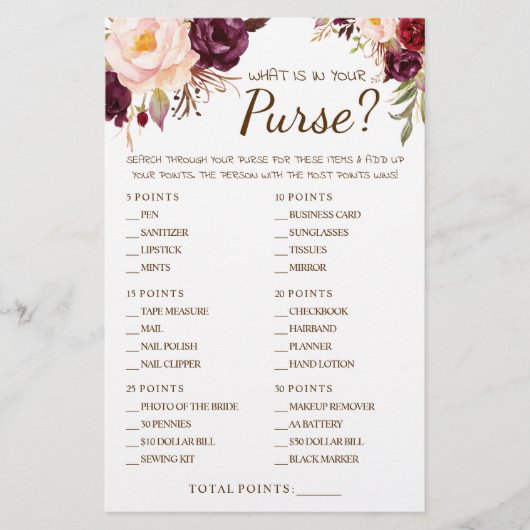 Wat zit er in je Purse Marsala Shower Game Card? Flyer (Voorkant)