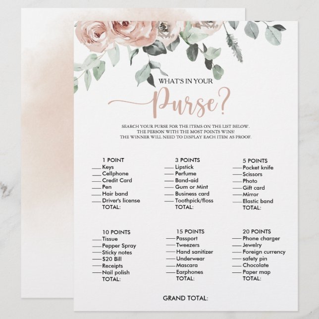 Wat zit er in je Purse Roos Vrijgezellenfeest Game (Voorkant / Achterkant)