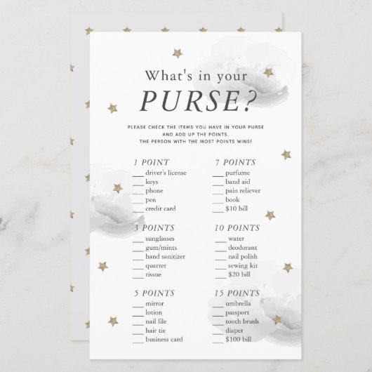 Wat zit er in je Purse Star Grey Baby shower Game (Voorkant / Achterkant)