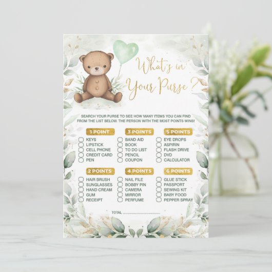 Wat zit er in je Purse Teddy Bear Ballonspel? Kaart (Staand voorkant)