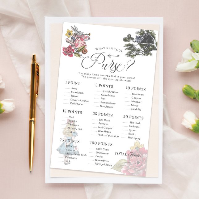 Wat zit er in je tas Alice Wonderland Shower Game (What's in Your Purse Alice Wonderland Shower Game)