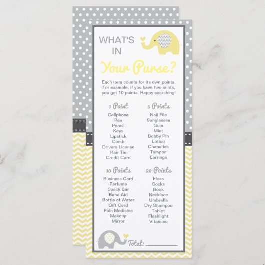 Wat zit er in je tas? Baby shower game (Voorkant / Achterkant)