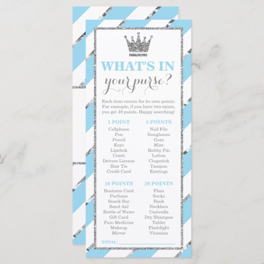 Wat zit er in je tas? Baby shower Game Faux Silver (Voorkant / Achterkant)