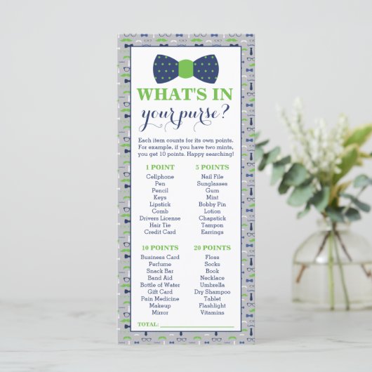 Wat zit er in je tas? Baby shower game, klein Man (Staand voorkant)