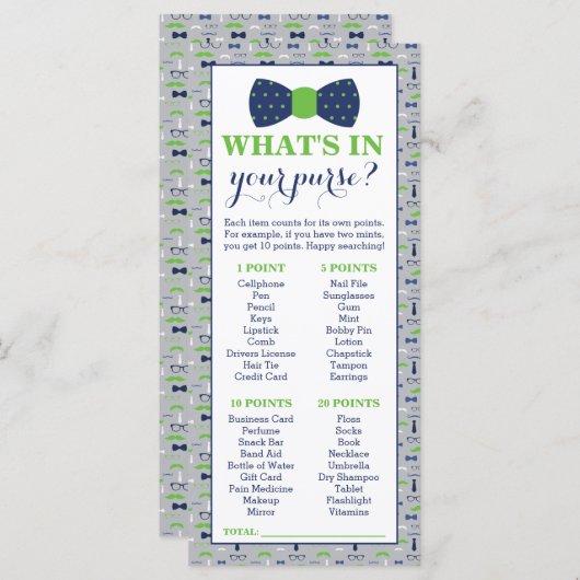 Wat zit er in je tas? Baby shower game, klein Man (Voorkant / Achterkant)