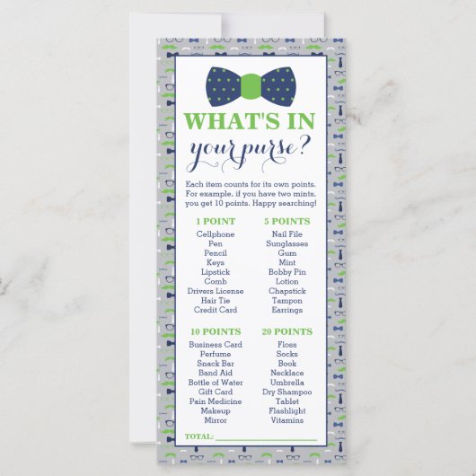 Wat zit er in je tas? Baby shower game, klein Man (Voorkant)