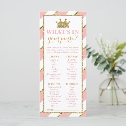 Wat zit er in je tas? Baby shower Game, prinses (Staand voorkant)