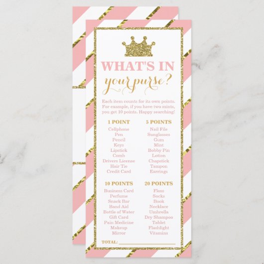 Wat zit er in je tas? Baby shower Game, prinses (Voorkant / Achterkant)