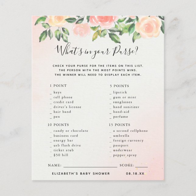 Wat zit er in je tas | Baby Shower Spel (Voorkant)