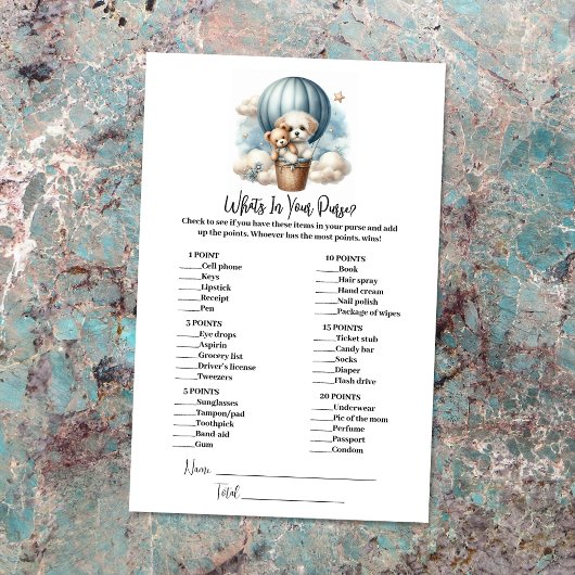 Wat zit er in je tas Baby shower spel Kaart