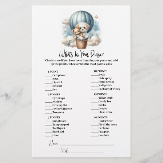 Wat zit er in je tas Baby shower spel Kaart (Voorkant)