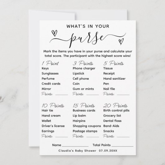 Wat zit er in je tas Baby shower spel Kaart (Voorkant)
