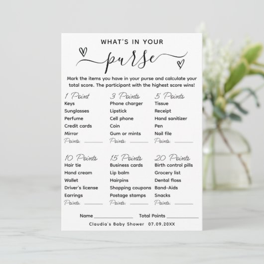 Wat zit er in je tas Baby shower spel Kaart (Staand voorkant)