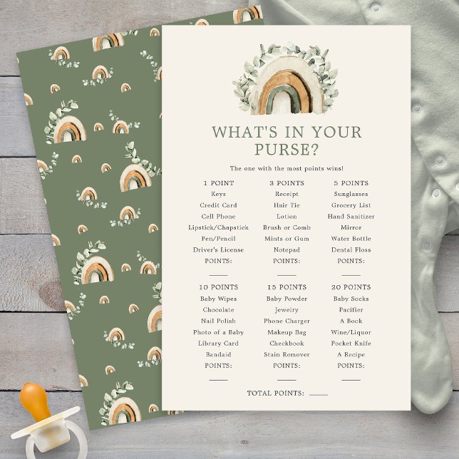 Wat zit er in je tas Baby spel (Watercolor Sage Green Rainbow Boho What's In Your Purse Baby Game Card by Painted Paperie
)