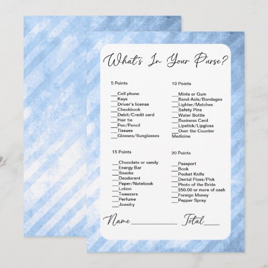 Wat zit er in je tas Blue Stripes Vrijgezellenfees Kaart (Voorkant / Achterkant)